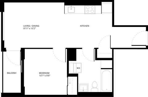 Floor plan for 1 bed, 1 bath, 527 sqft